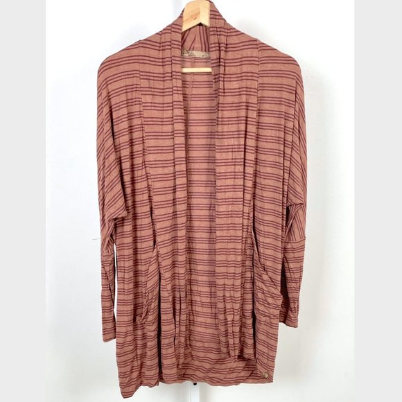 Prana Sweaters - Prana Foundation Wrap Open Front Cardigan Pockets Heather Vino Stripe Red M